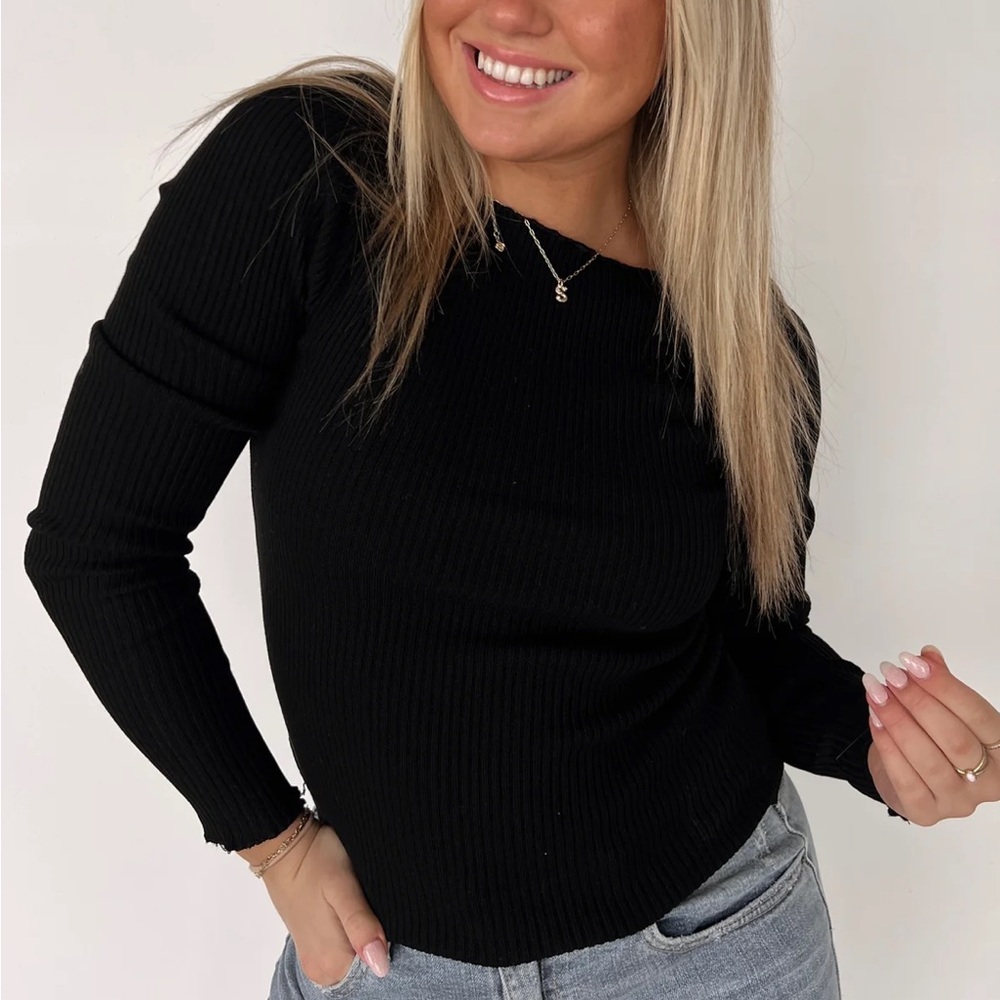 Black Ribbed Long Sleeve Sweater Top